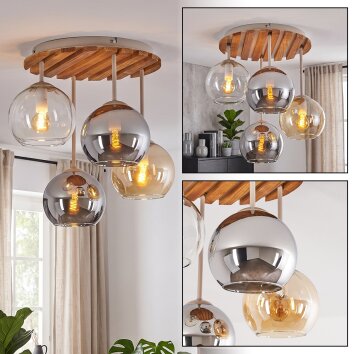 Plafón de techo de cuatro luces Koyoto con listones de madera y estructura arena, ø 39,5 cm