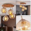 Plafón con 4 esferas de cristal ámbar Koyoto Boho, base de listones de madera color arena