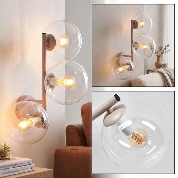 Aplique moderno Gastor, tres esferas de vidrio transparente, luz de lectura junto a la cama