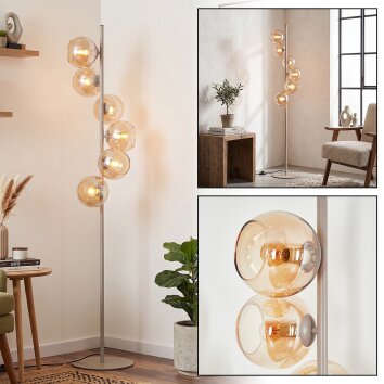 Lámpara de pie moderna de seis luces Koyoto, con pantallas esféricas de vidrio ámbar
