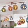 Plafón de techo alargado Koyoto con cuatro globos de vidrio azul, verde, dorado y cobre
