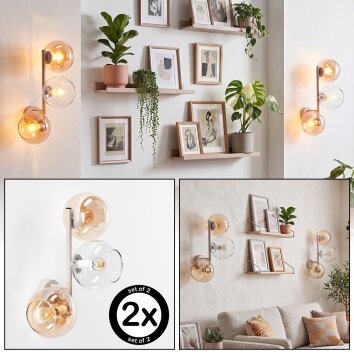 Aplique de pared moderno Koyoto en set de 2, con 3 esferas de vidrio ámbar