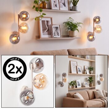 Aplique de pared Gastor, set de 2, 3 esferas de vidrio ahumado, ámbar y transparente