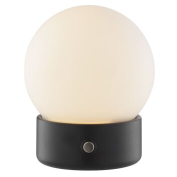 Brilliant Lámpara de mesa Dori, esfera blanca de vidrio, LED 2700 Kelvin cálida, IP44