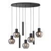 Brilliant lámpara colgante Ligari, 5 globos de vidrio ahumado y cilindros decorativos