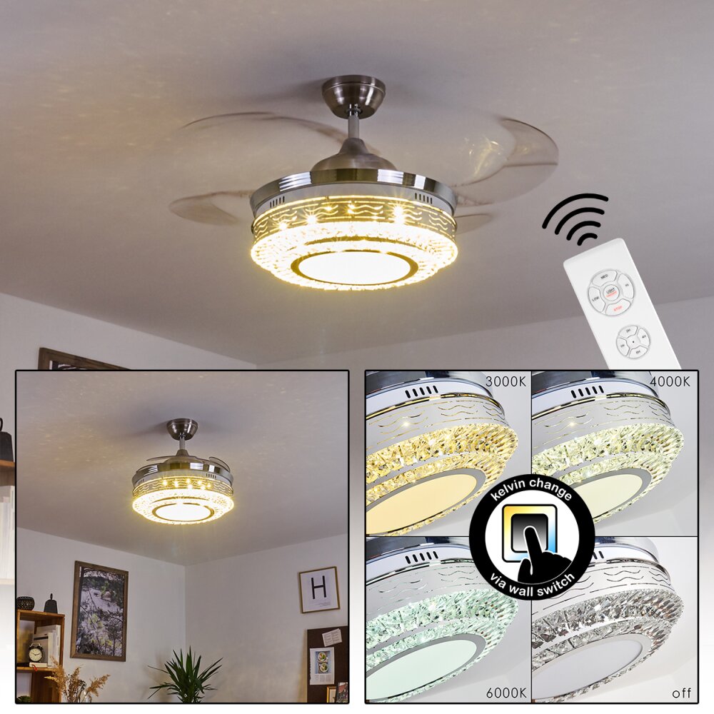 Bendigo Ventilador de techo LED Níquel-mate, Transparente, claro, 1 luz main product photo